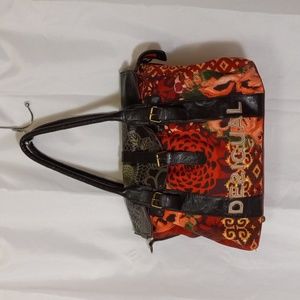 DESIGUAL Print Bag Canvas/Leather Graphic Logo Zip/Snap Closure XL Lined Studs